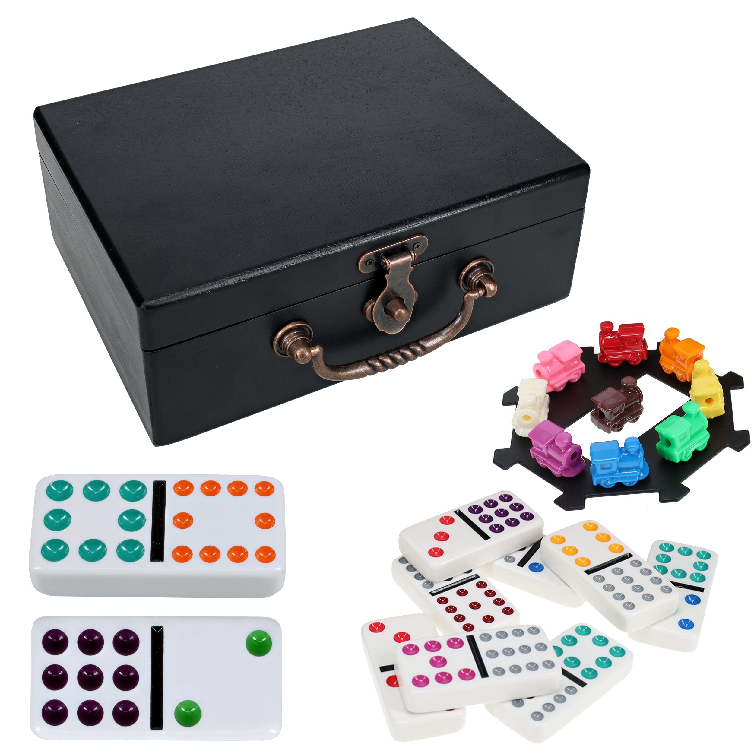 WE Games Mexican Train Dominoes with Wooden Treasure Box - White