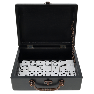 WE Games Double 6 Dominoes, Two-toned Black & White with Spinners in Black Stained Wooden Treasure Box
