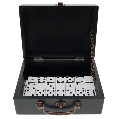 WE Games Double 6 Dominoes, Two-toned Black & White with Spinners in Black Stained Wooden Treasure Box