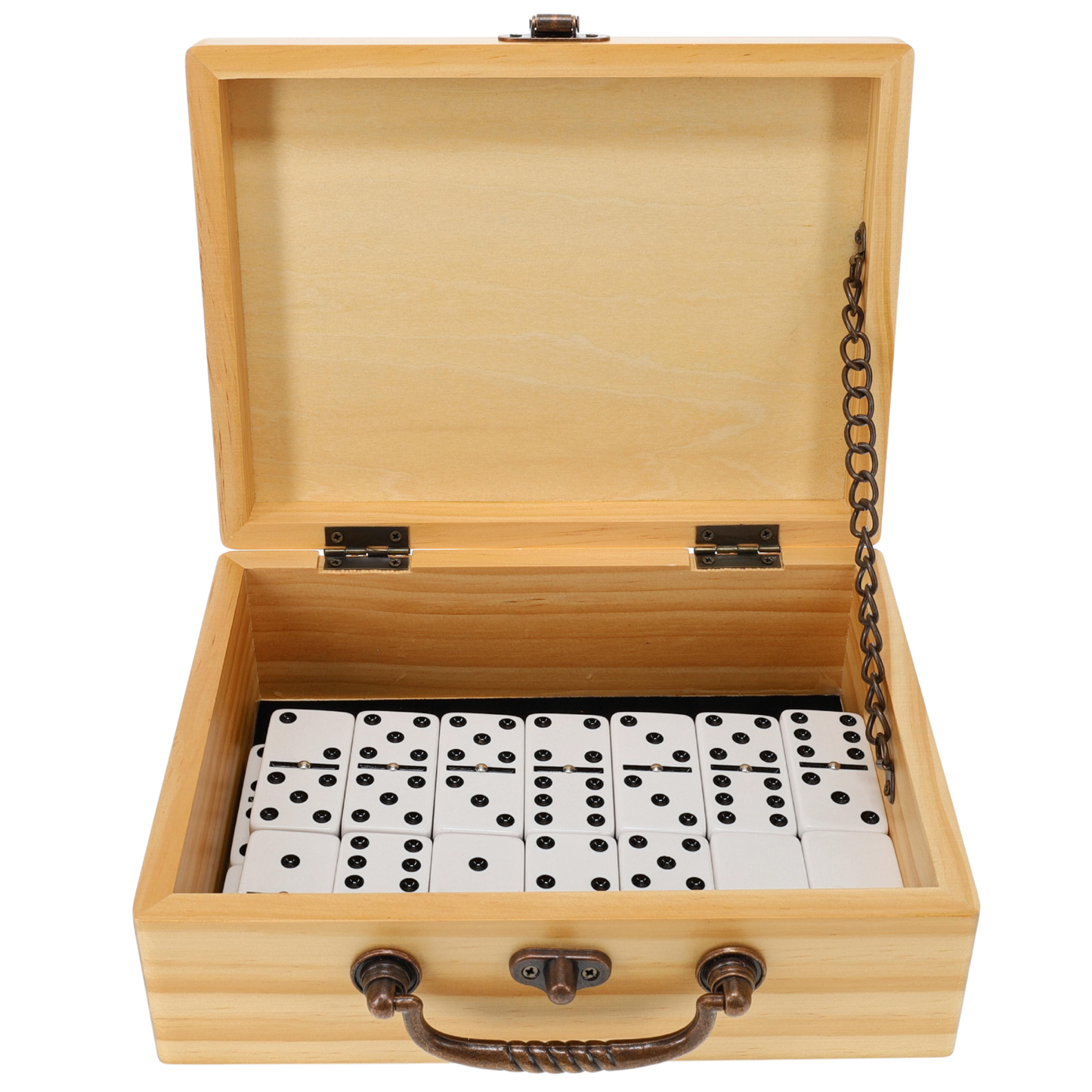 WE Games Double 6 Dominoes, Black & White Two-Toned with Spinners - Ivory Dominoes with Natural Wooden Treasure Box
