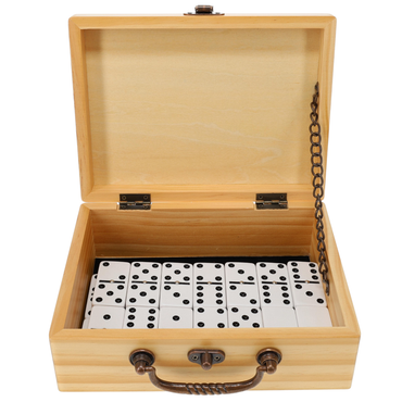 WE Games Double 6 Dominoes, Black & White Two-Toned with Spinners - Ivory Dominoes with Natural Wooden Treasure Box
