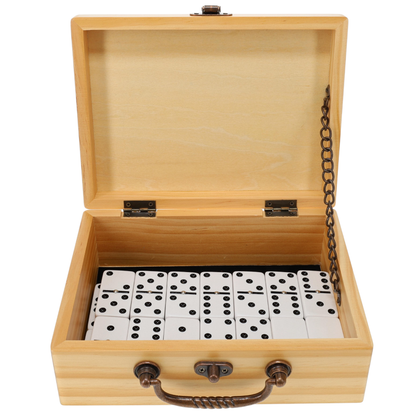 WE Games Double 6 Dominoes, Black & White Two-Toned with Spinners - Ivory Dominoes with Natural Wooden Treasure Box