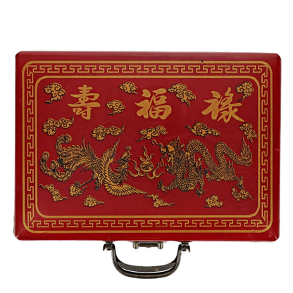 WE Games Traditional Chinese Mahjong Set Travel Size, Red Leatherette Travel Case with Ornate Dragon Design, 144 Tiles 24mm White Tiles