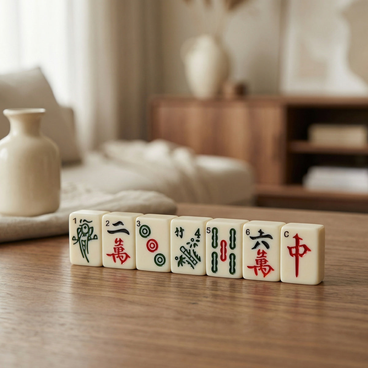 Set of Mahjong tiles on a wooden table with a blurred indoor background