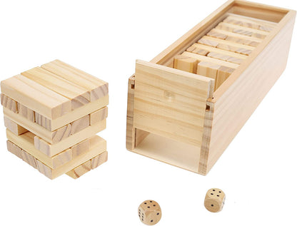 WE Games Wood Block Stacking Party Game That Tumbles Down when you play - Includes 12 in. Wooden Box and die