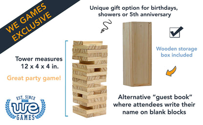 WE Games Wood Block Stacking Party Game That Tumbles Down when you play - Includes 12 in. Wooden Box and die