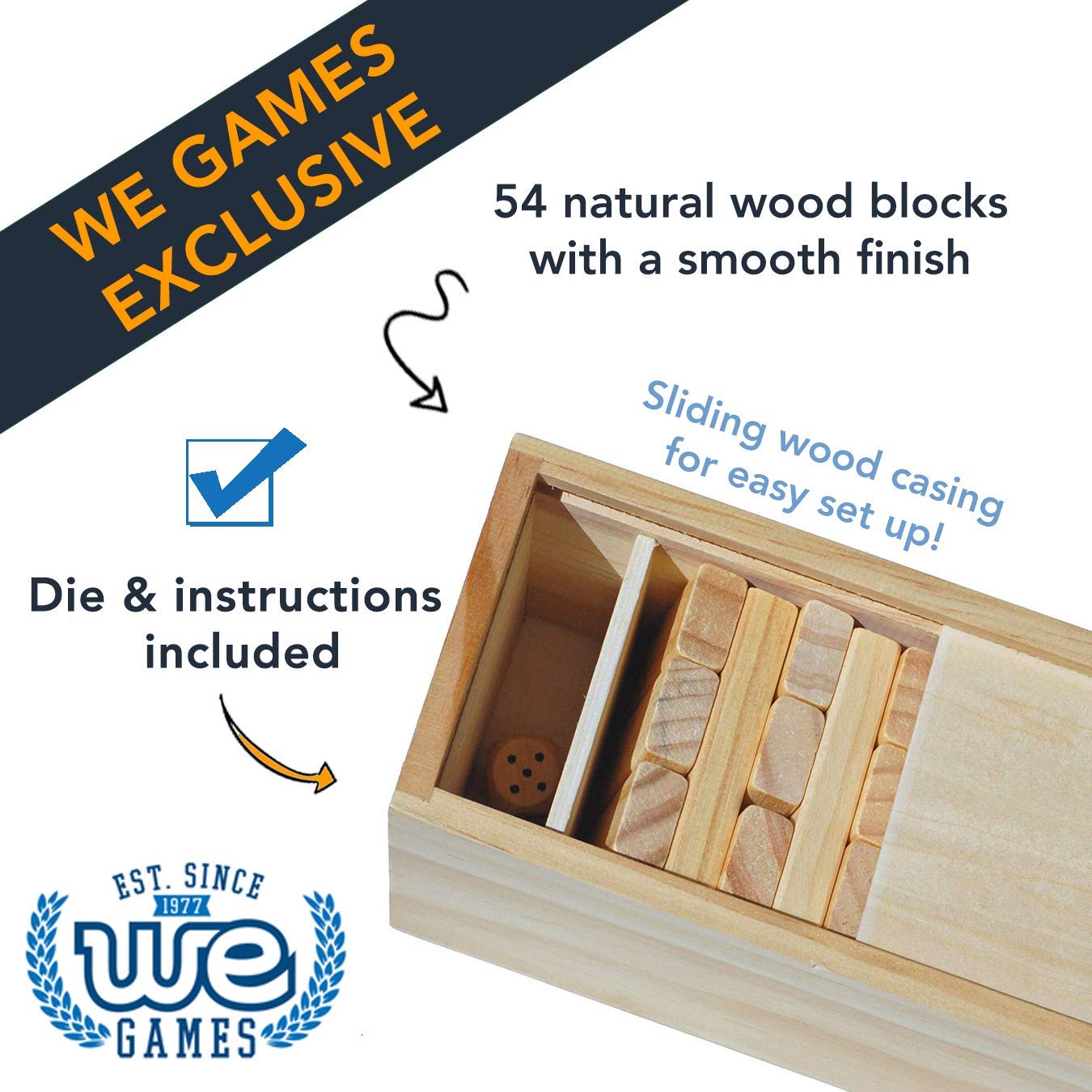 WE Games Wood Block Stacking Party Game That Tumbles Down when you play - Includes 12 in. Wooden Box and die