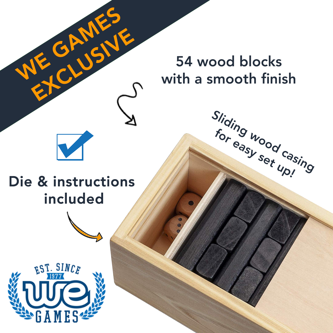 WE Games Wood Block Stacking Party Game That Tumbles Down when you play - Includes 12 in. Wooden Box and die