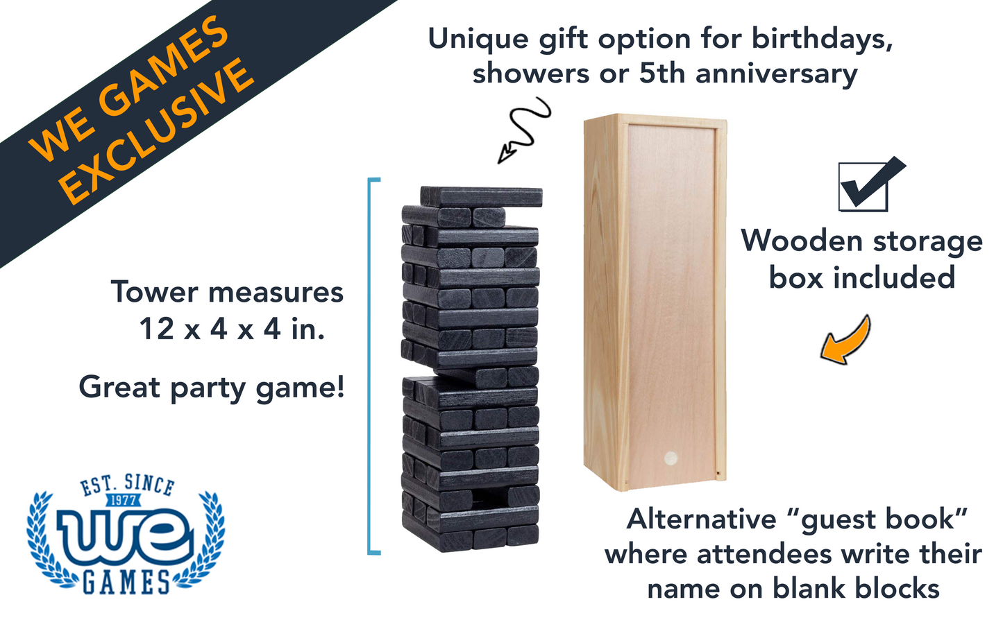 WE Games Wood Block Stacking Party Game That Tumbles Down when you play - Includes 12 in. Wooden Box and die