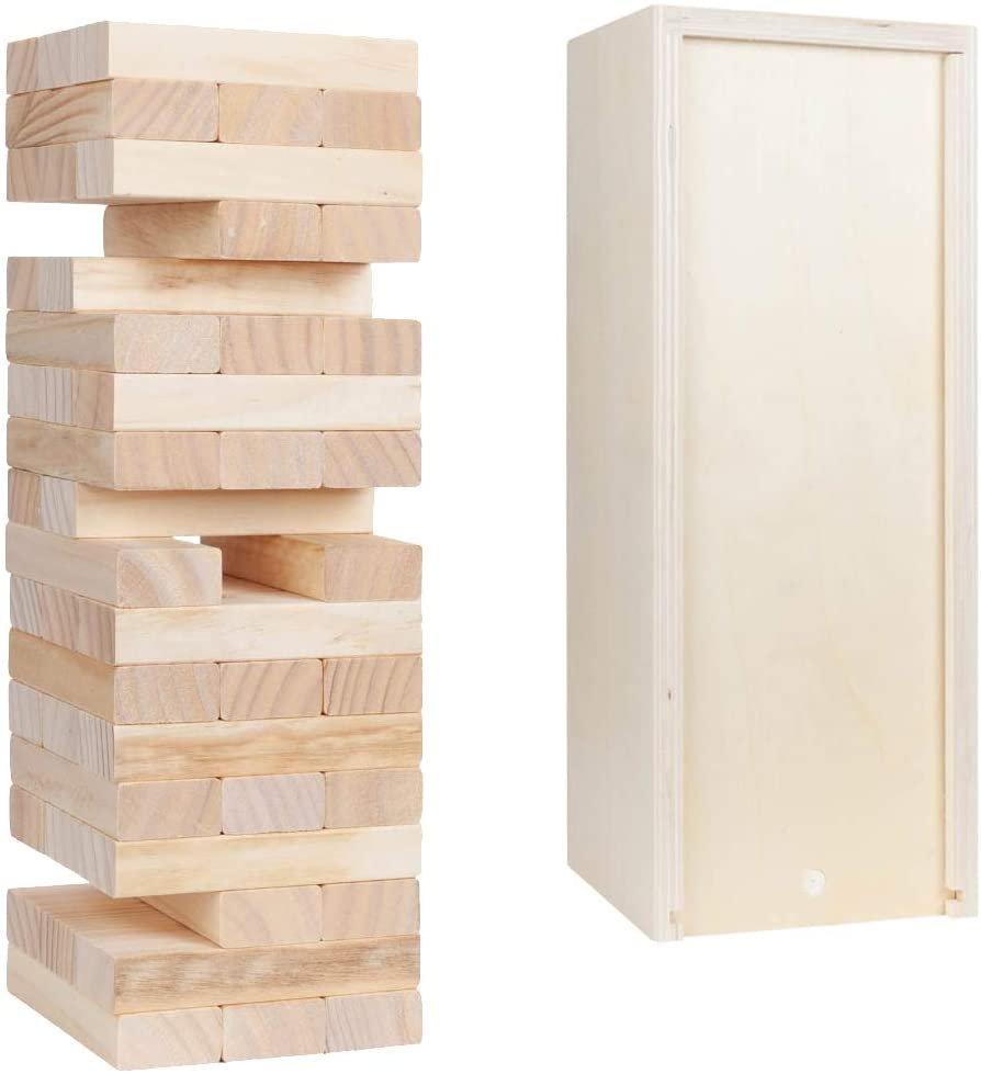 WE Games Wood Block Stacking Party Game That Tumbles Down when you play - Includes 12 in. Wooden Box and die