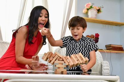 WE Games Wood Block Stacking Party Game That Tumbles Down when you play - Includes 12 in. Wooden Box and die