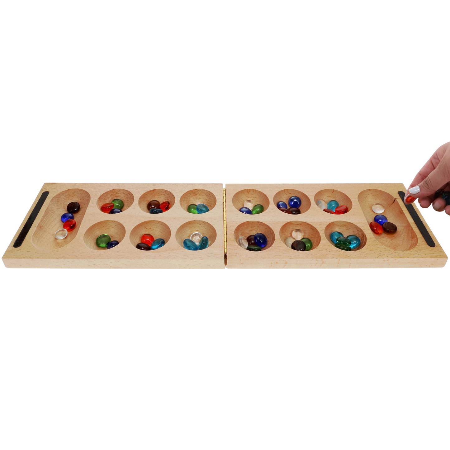 WE Games Folding Mancala - Solid Wood Board & Glass Stones