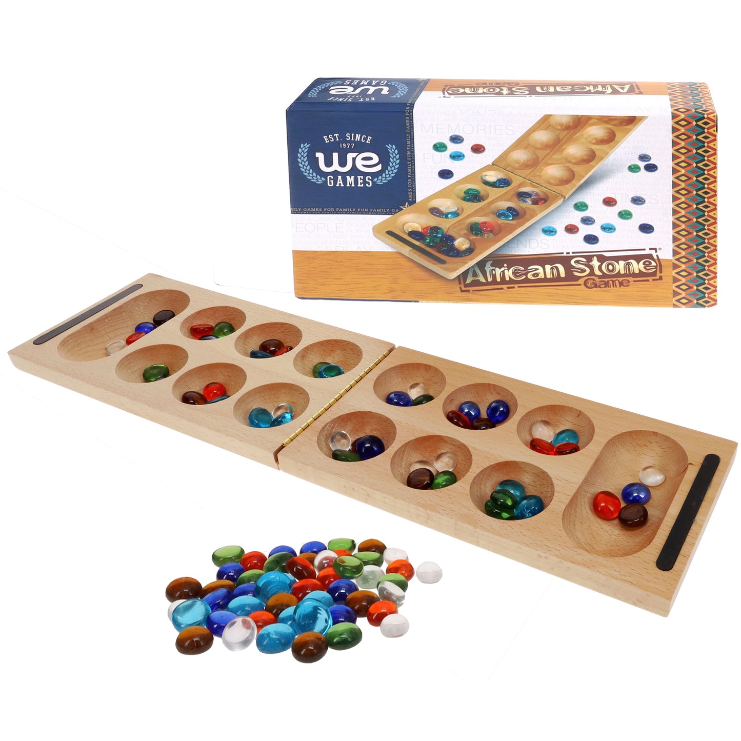 WE Games Folding Mancala - Solid Wood Board & Glass Stones