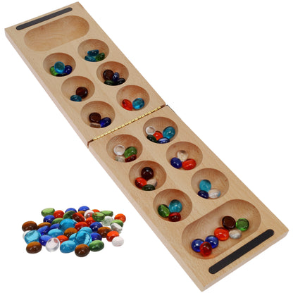 WE Games Folding Mancala - Solid Wood Board & Glass Stones