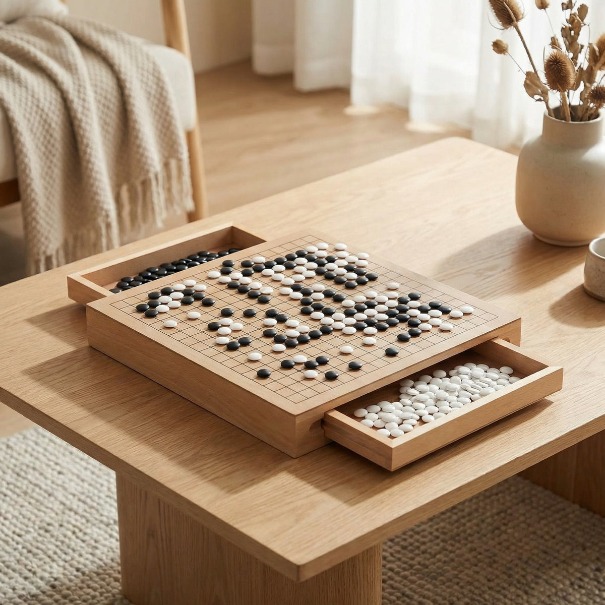 Wooden go board with stones on a wooden table