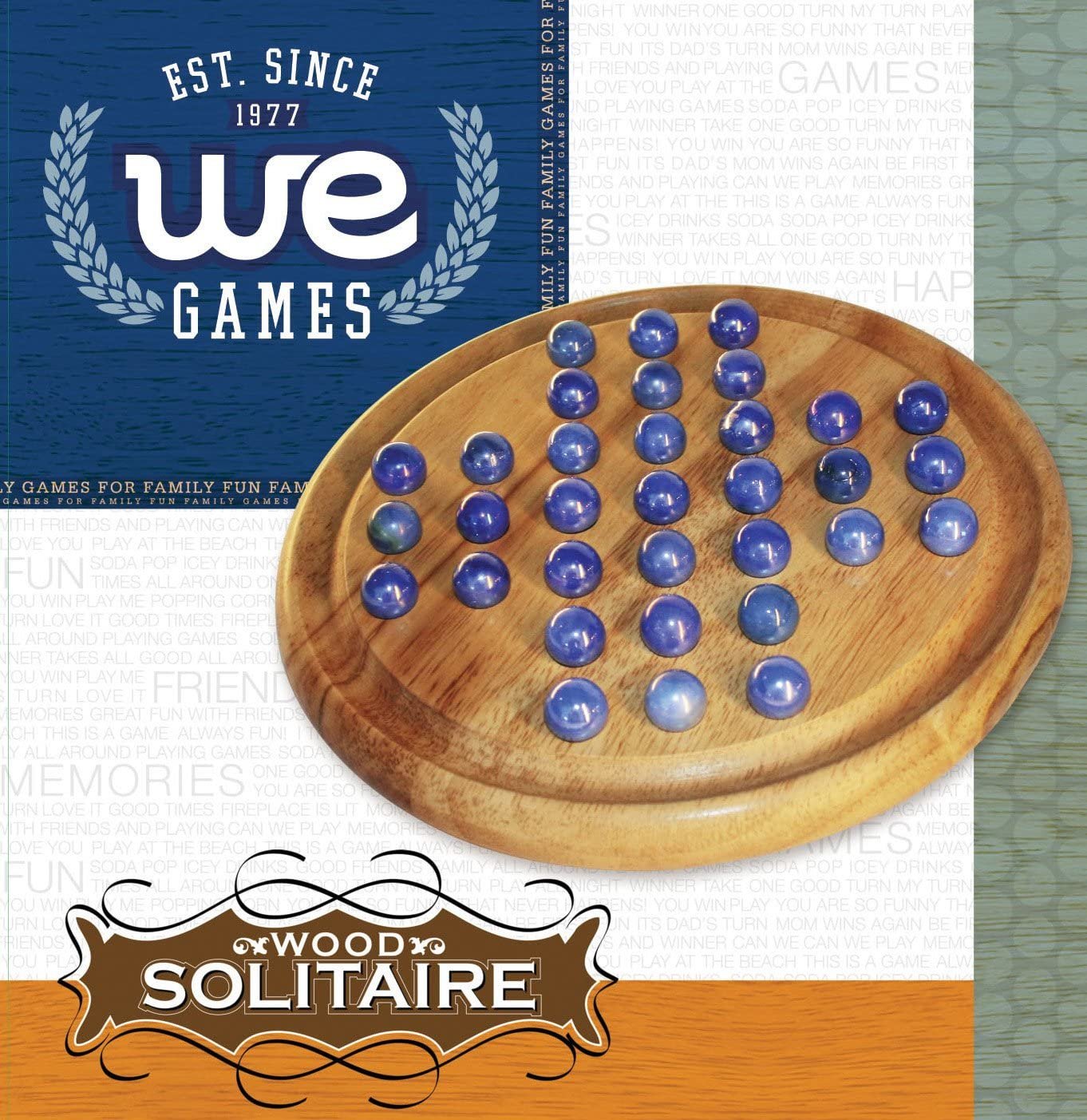 WE Games Solid Wood Solitaire with Blue Glass Marbles - 9 in. Diameter