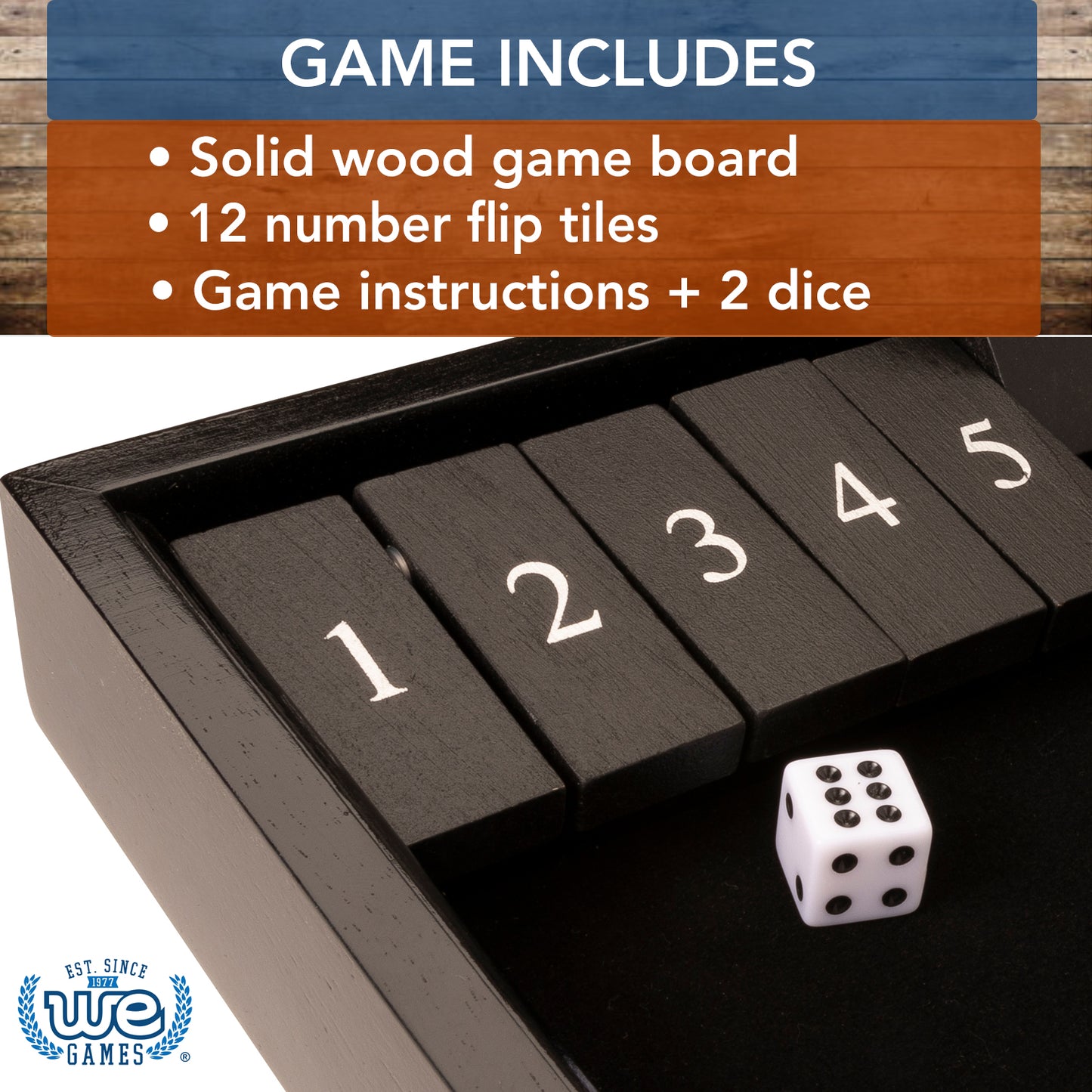 WE Games 12 Number Shut the Box Board Game, Black Stained Wood, 13.5 in.