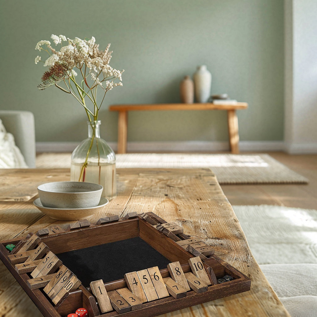 A rustic wooden game board with sliding numbered tiles and small red dice sits on a wooden table in a softly styled living room. A glass vase with dried flowers, stacked bowls, and a bench with vases are visible in the background.