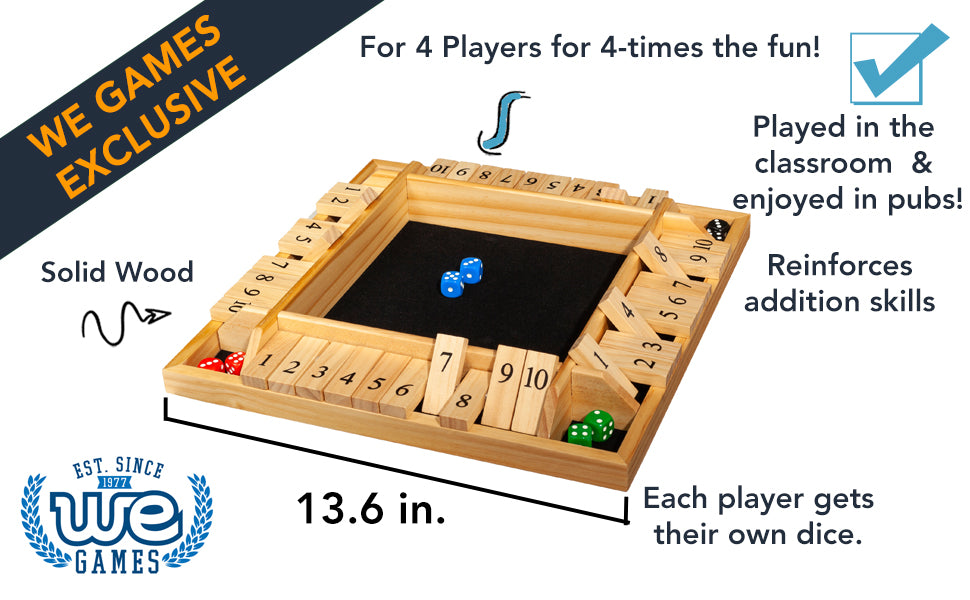 WE Games 4 Player Travel Shut The Box Board Game, 8.5 in.