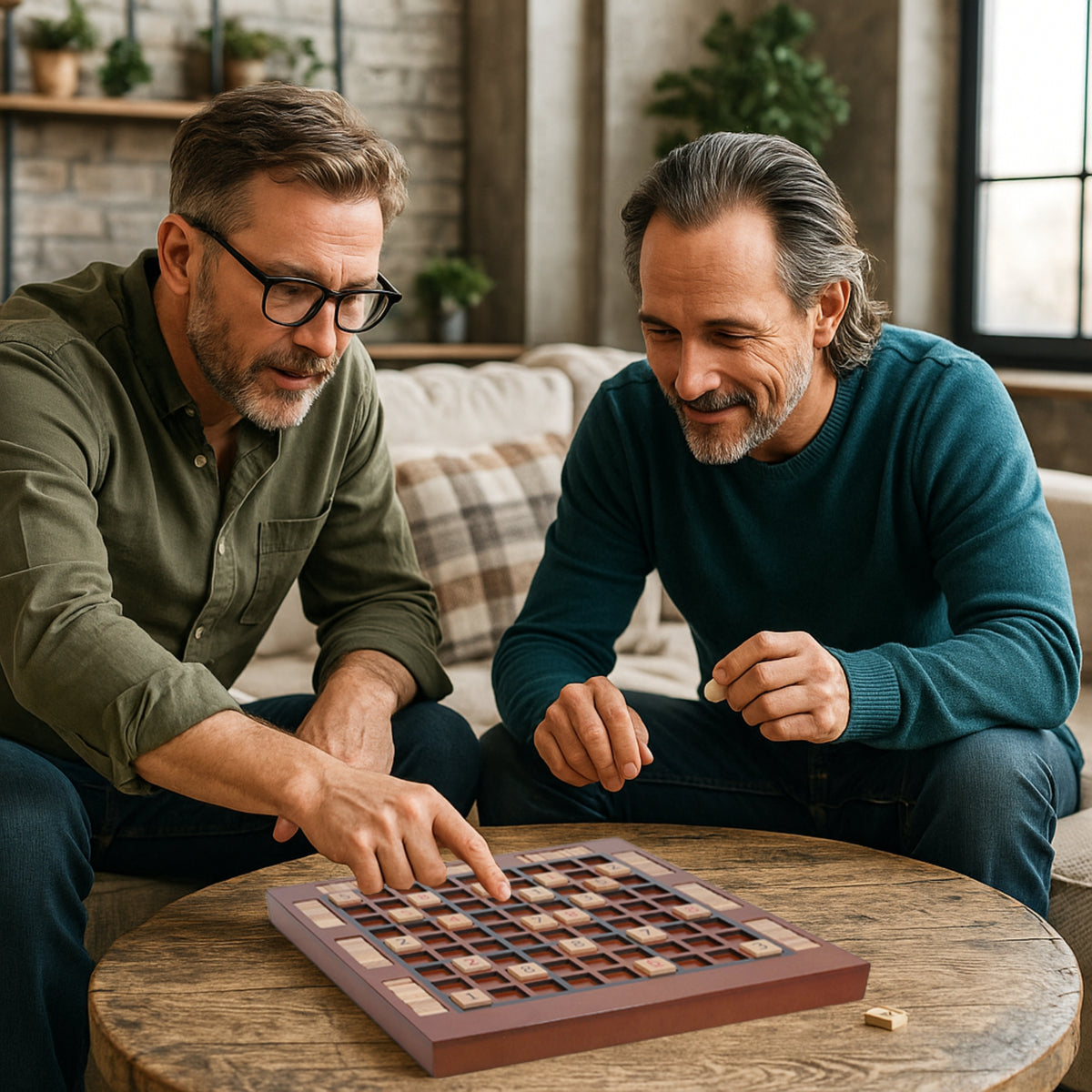 Two men playing a Sudoku board game together in a cozy living room.