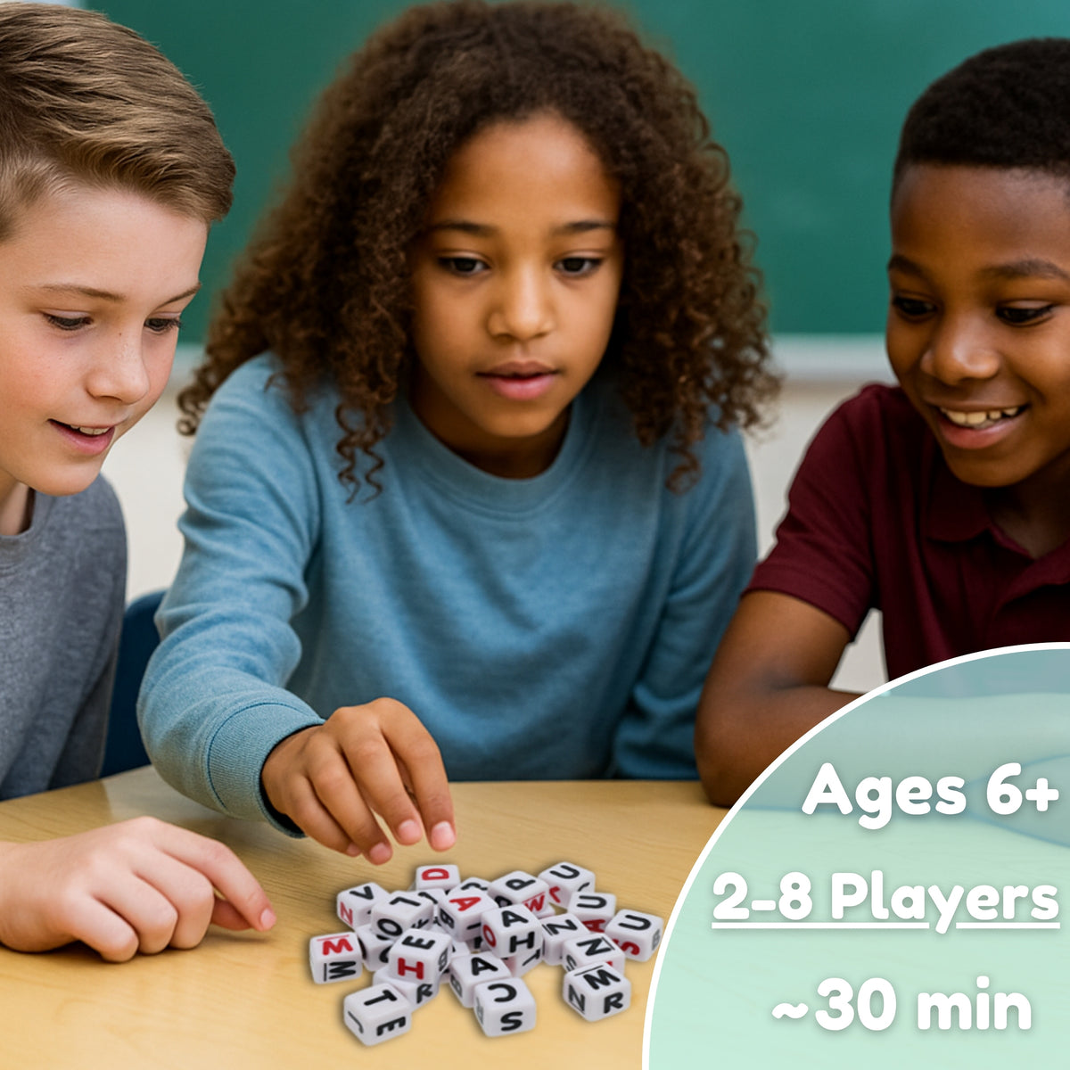 Three children playing with alphabet dice on a table, with text indicating age range and game details.