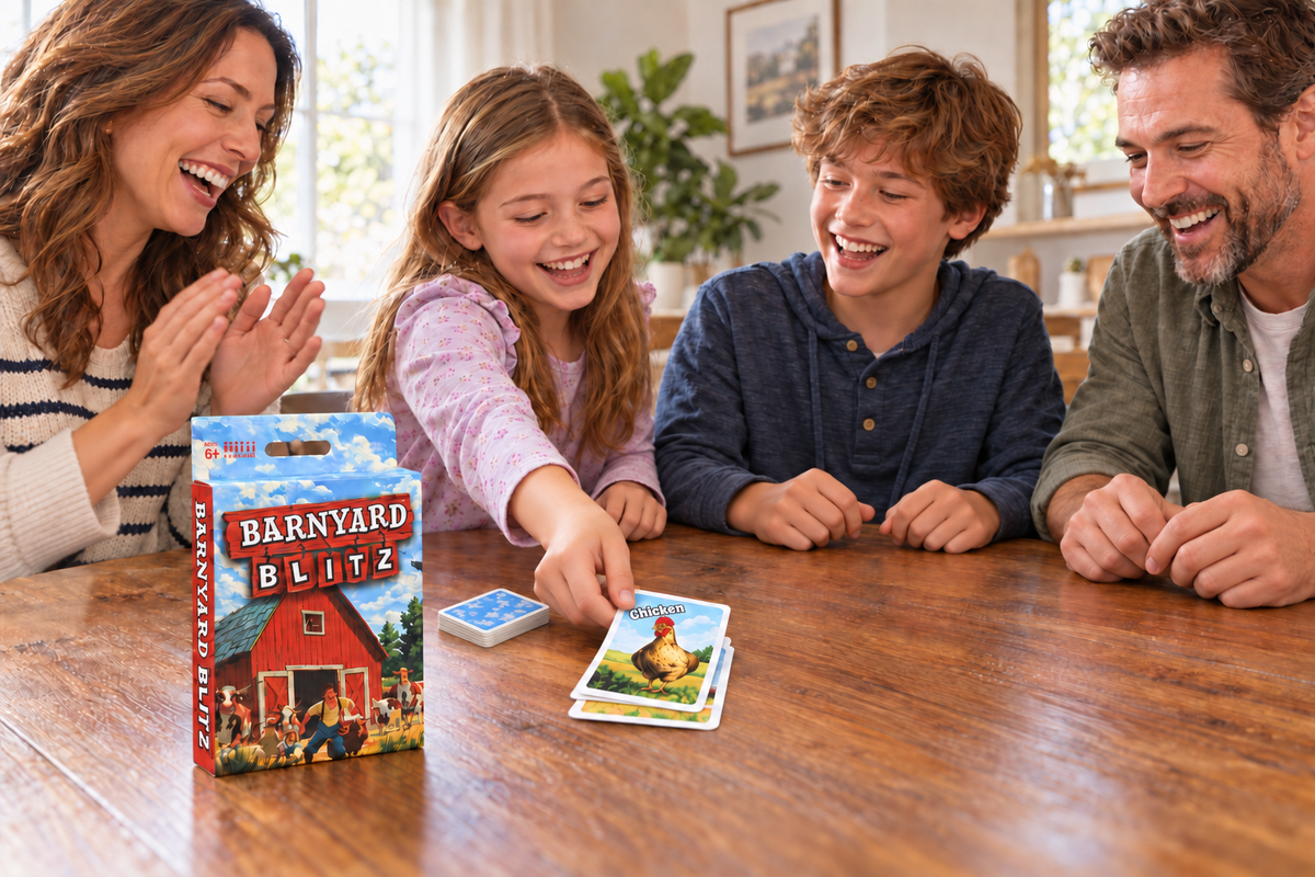 A family of four is gathered around a wooden table playing a card game. The product box for 'Barnyard Blitz' is visible on the left, and a child is playing a card in the center of the table.