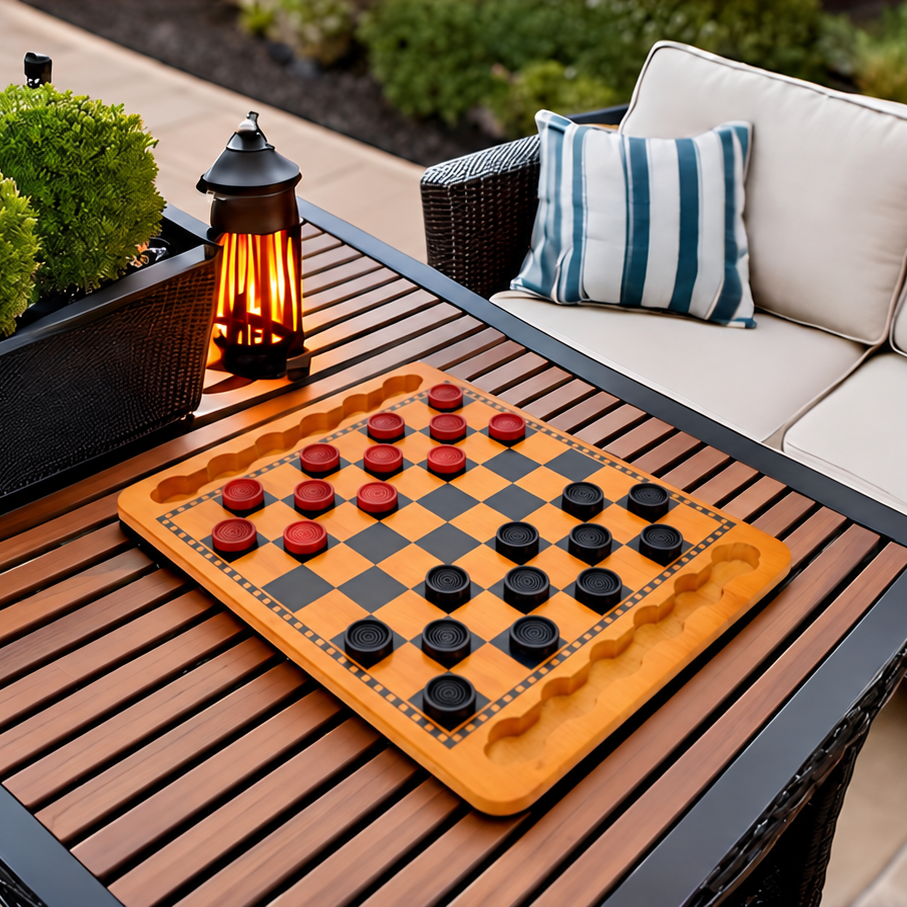 Outdoor patio scene with a wooden slat dining table holding a checkers board, a lantern, and a planter, next to a cream outdoor sofa with blue striped pillows.
