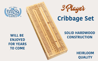 WE Games 3 Player Wooden Cribbage Set - Easy Grip Pegs and 2 Decks of Cards Inside of Board