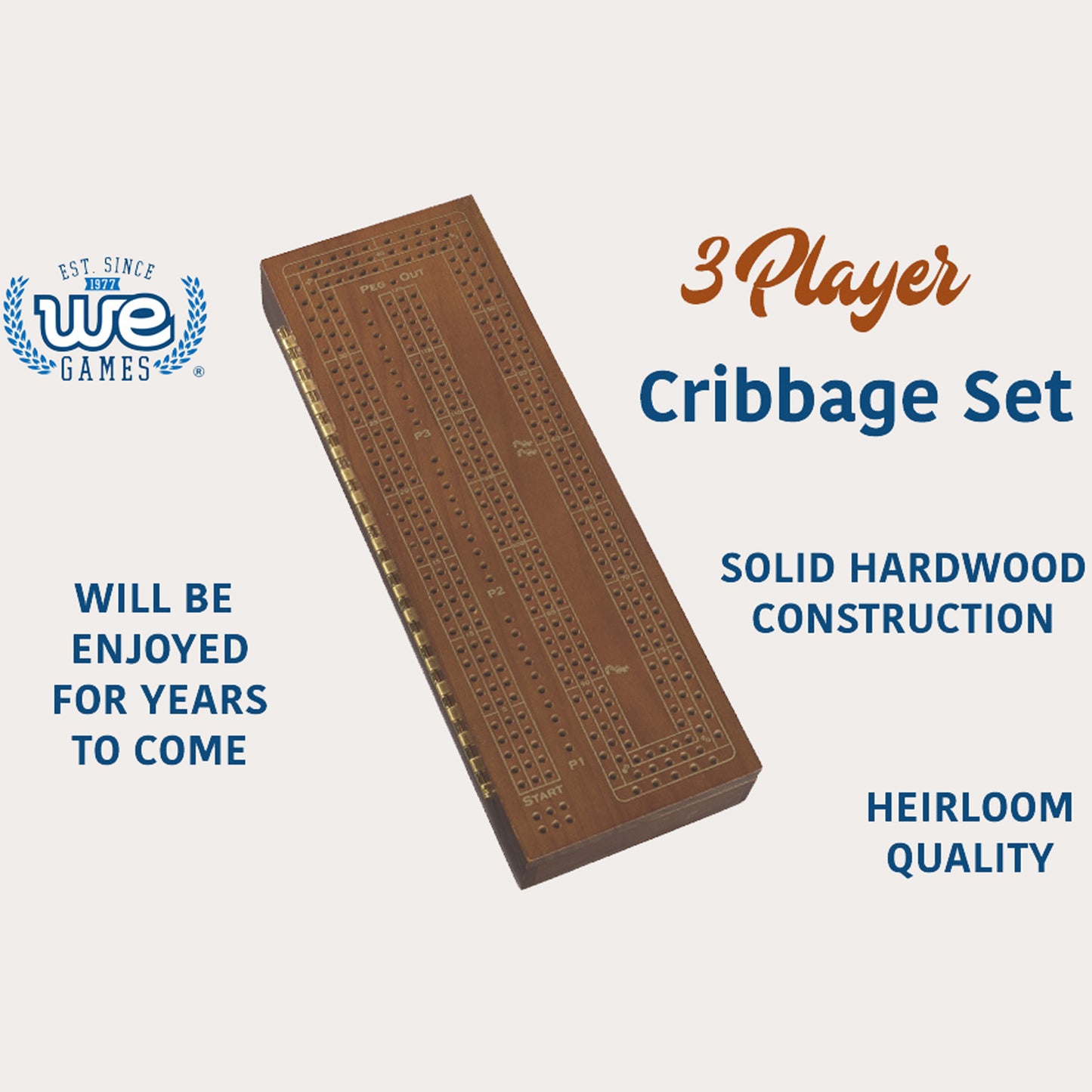 WE Games 3 Player Wooden Cribbage Set - Easy Grip Pegs and 2 Decks of Cards Inside of Board