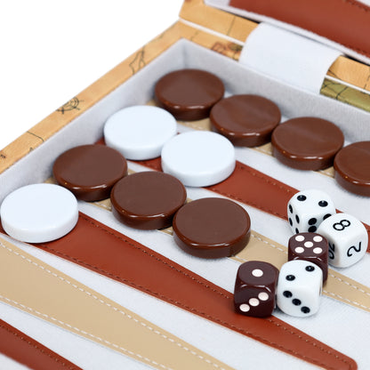 Tan Map Style Leatherette Backgammon Set, 14.75 x 9.75 in.