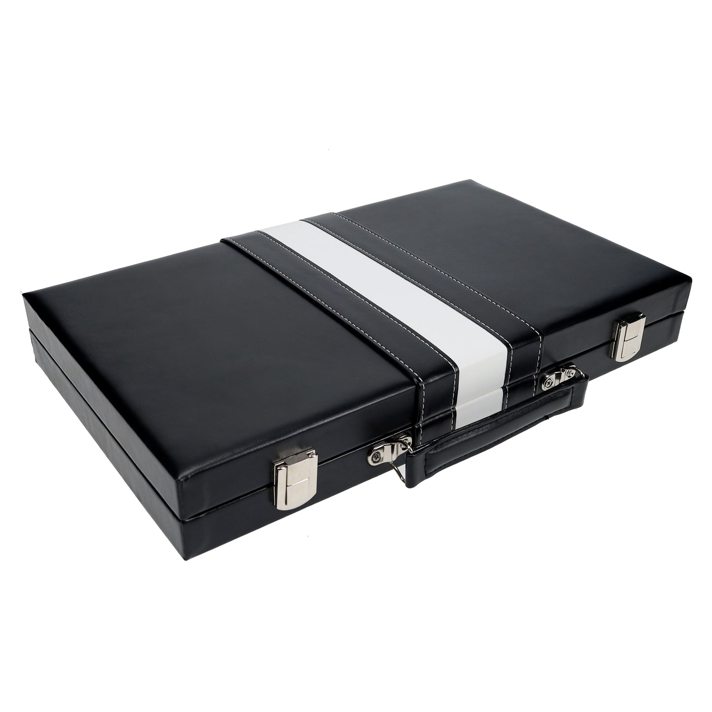 WE Games Black with Stripe Leatherette Backgammon Set, 14.75 x 9.75 in. closed