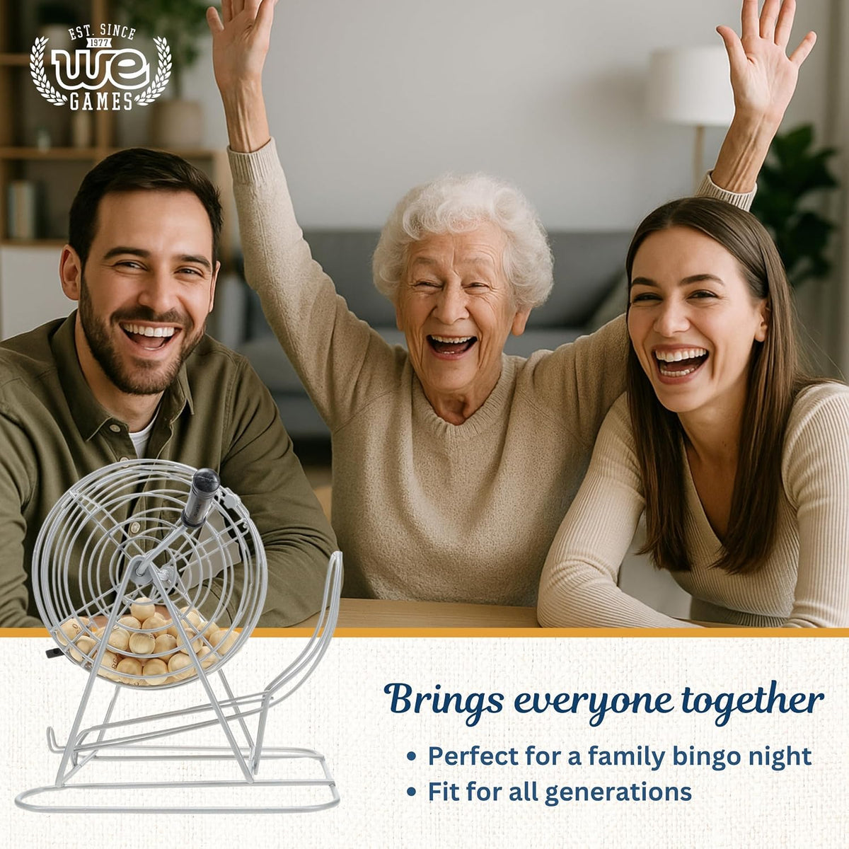 A family bingo game set in a cozy living room with three smiling people celebrating, alongside a metal wire bingo wheel filled with tokens. Text on the image reads 'Brings everyone together' and 'Perfect for a family bingo night'.