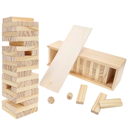 WE Games Wood Block Stacking Party Game That Tumbles Down when you play - Includes 12 in. Wooden Box and die