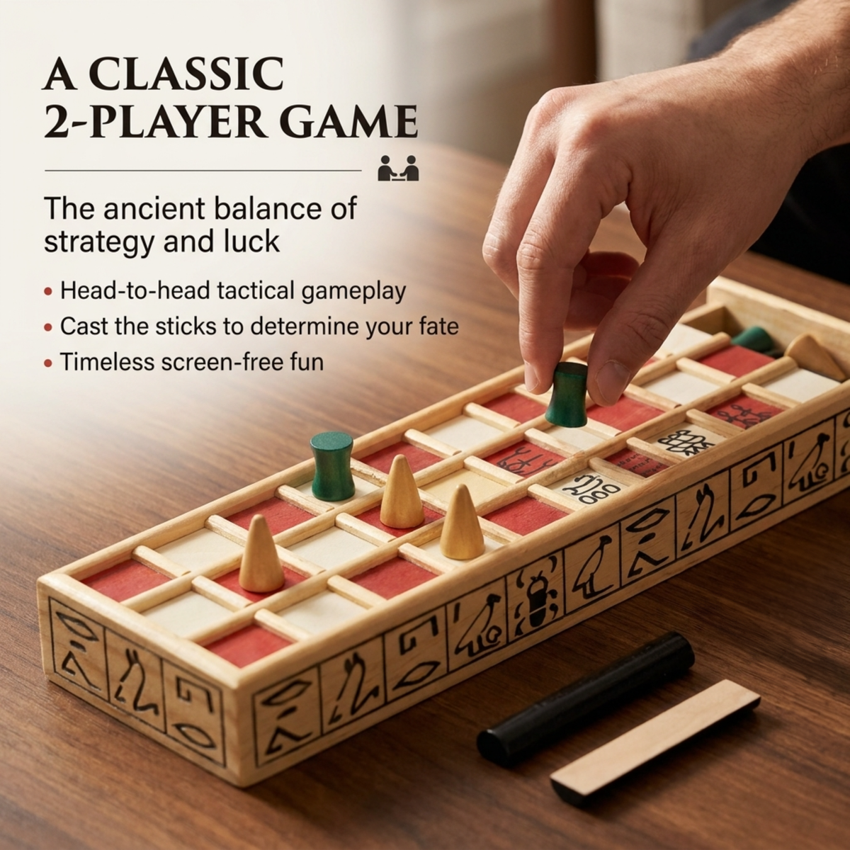 Wooden game board with sticks and text about a classic 2-player game on a wooden surface.