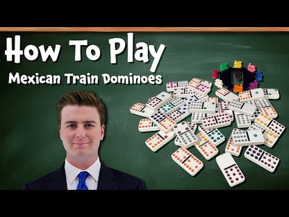 WE Games Mexican Train Dominoes with Wooden Treasure Box - White Tiles with Colored Pips - Thick Size