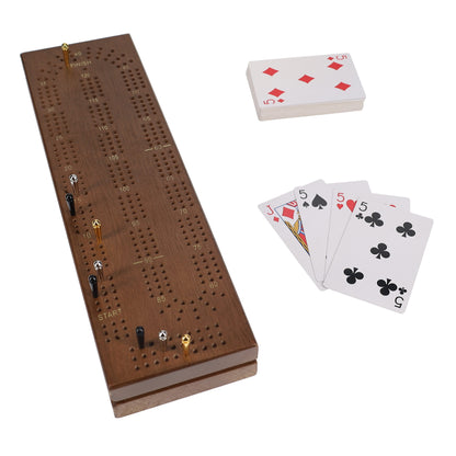 WE Games Cabinet Cribbage Set - Solid Wood Continuous 3 Track Board with Easy Grip Pegs, Cards and Storage Area