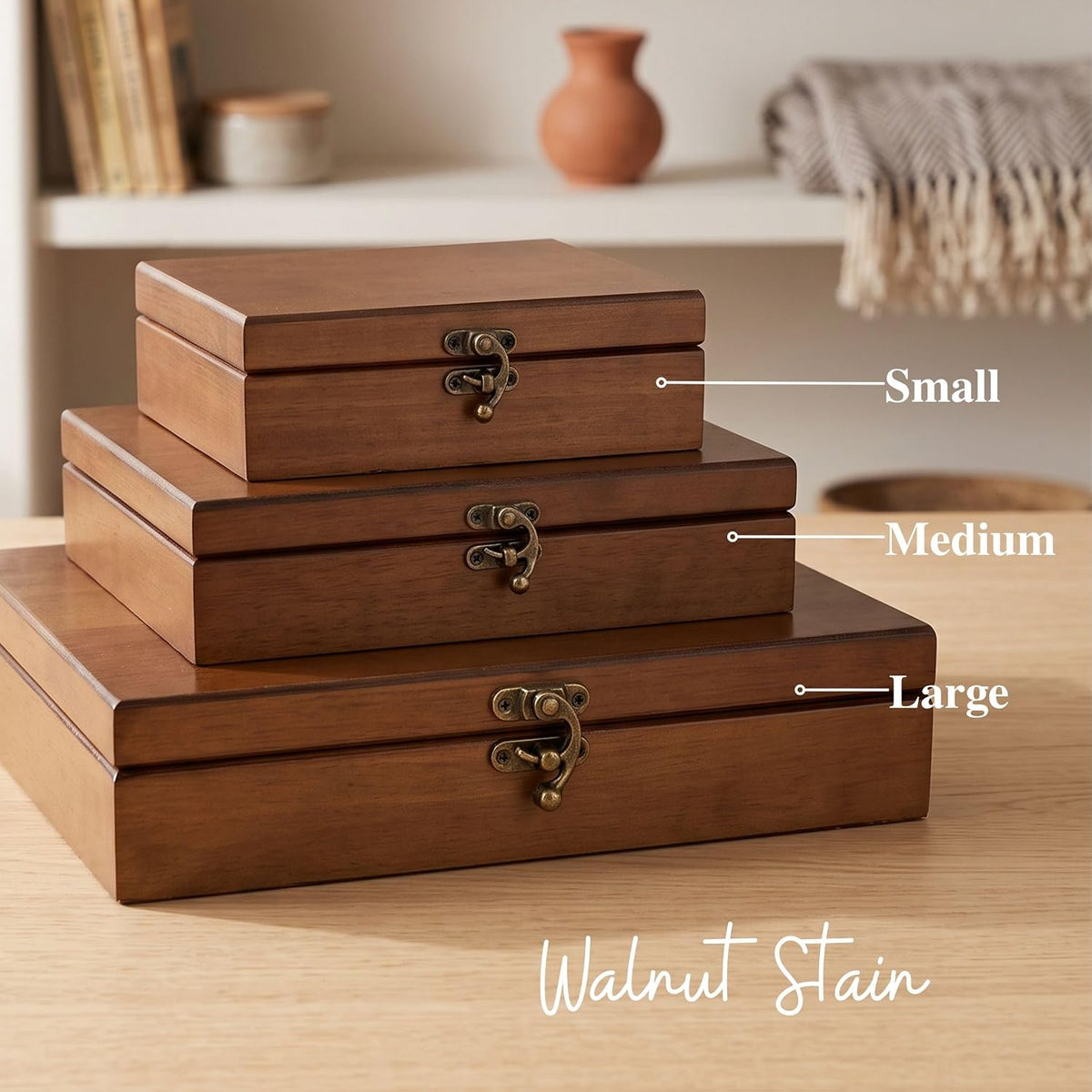 Three stacked wooden storage boxes in walnut stain finish, labeled Small, Medium, and Large, with a text overlay reading Walnut Stain on a light wood surface.