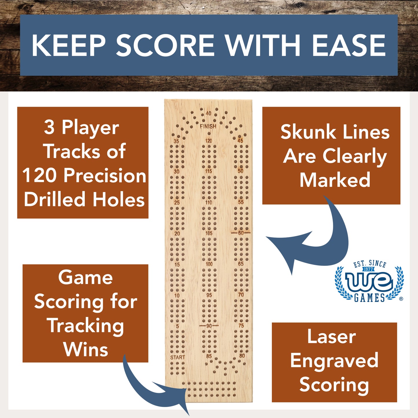 WE Games Cabinet Cribbage Set - Solid Wood Continuous 3 Track Board with Easy Grip Pegs, Cards and Storage Area