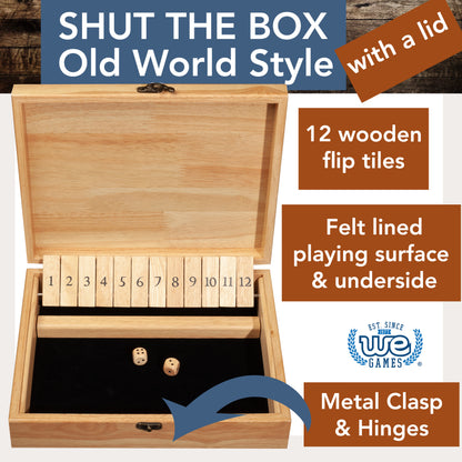 WE Games 12 Number Shut the Box Board Game in Natural Wood Box with Lid