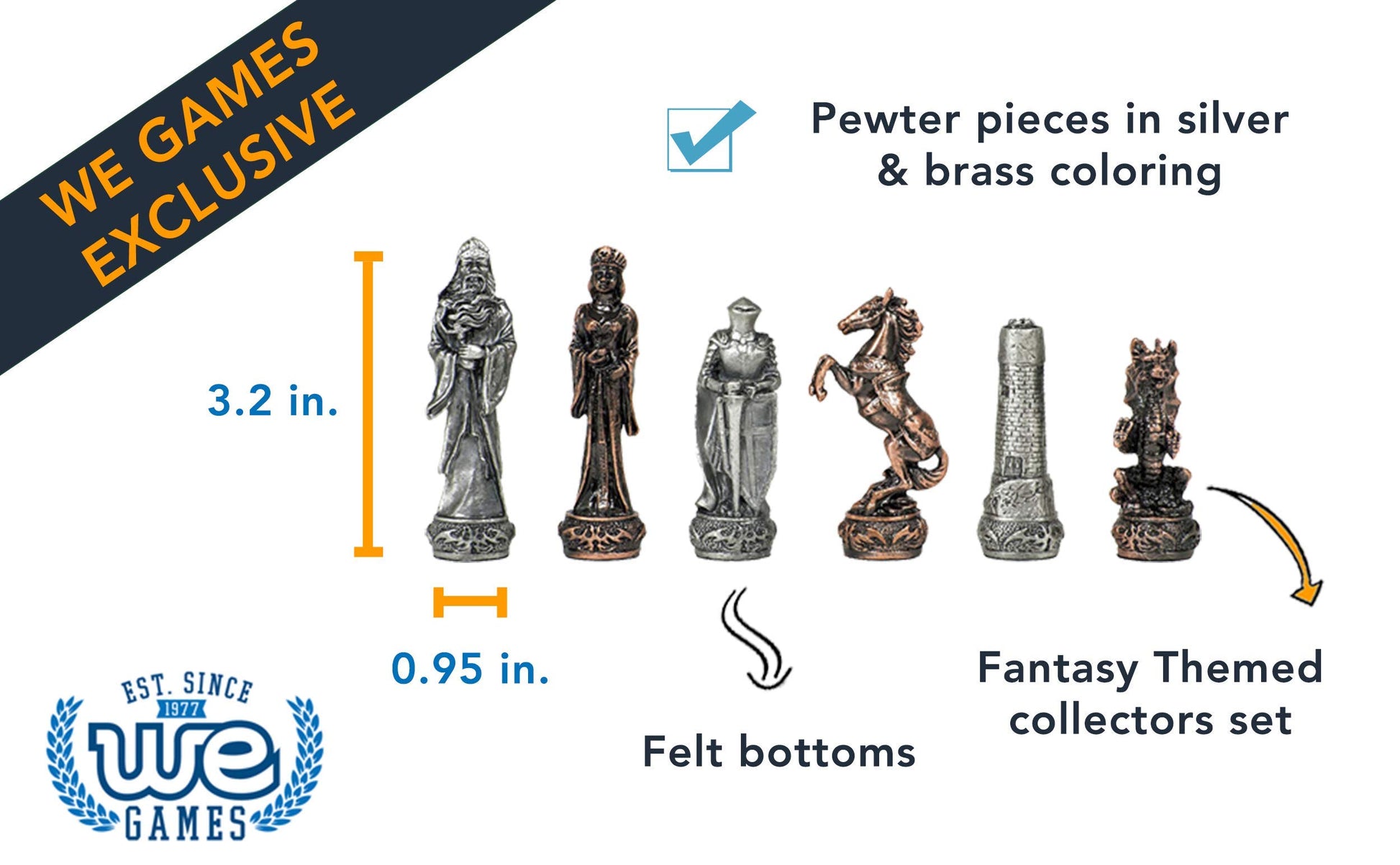 Pewter pieces. on silver and brass coloring. Fantasy themed collectors set. Felt bottoms. 3.2 inches tall. 0.95 inches wide.