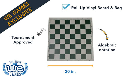 Roll up vinyl board and bag. Algebraic notation. Tournament approved. 20 inches.