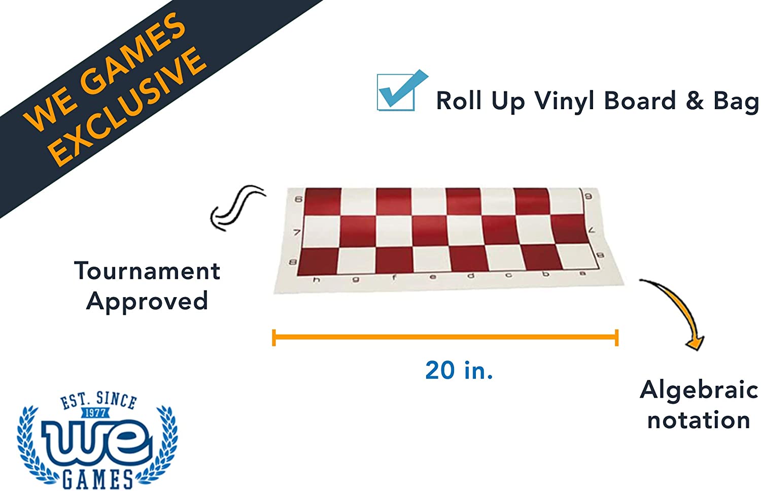 Roll up vinyl board and bag. Tournament approved. Algebraic notation. 20 inches.