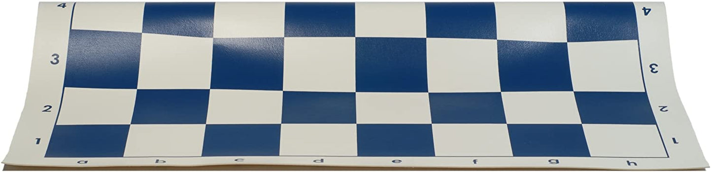 Blue roll up vinyl chess board folded in half.