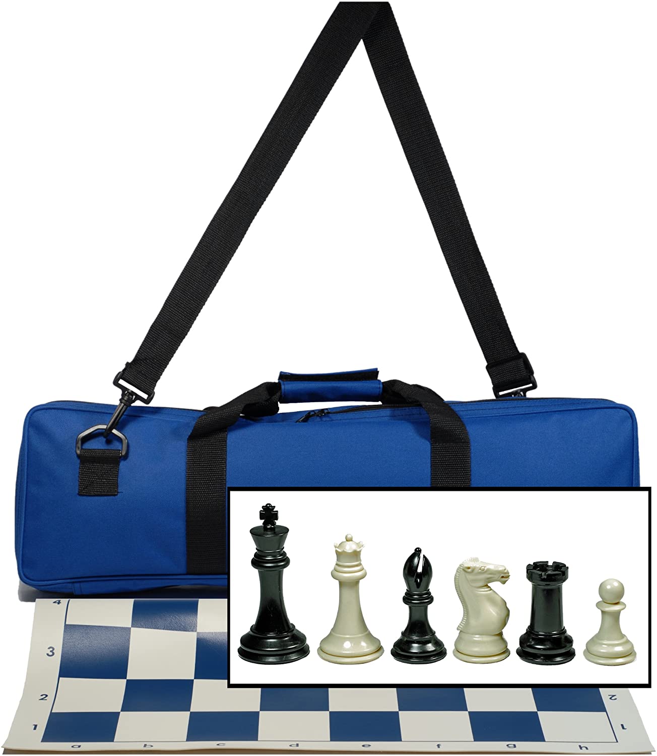 Complete Tournament Chess Set, Triple Weighted Chess Pieces with Blue Roll-up Chess Board and Blue Travel Canvas Bag.