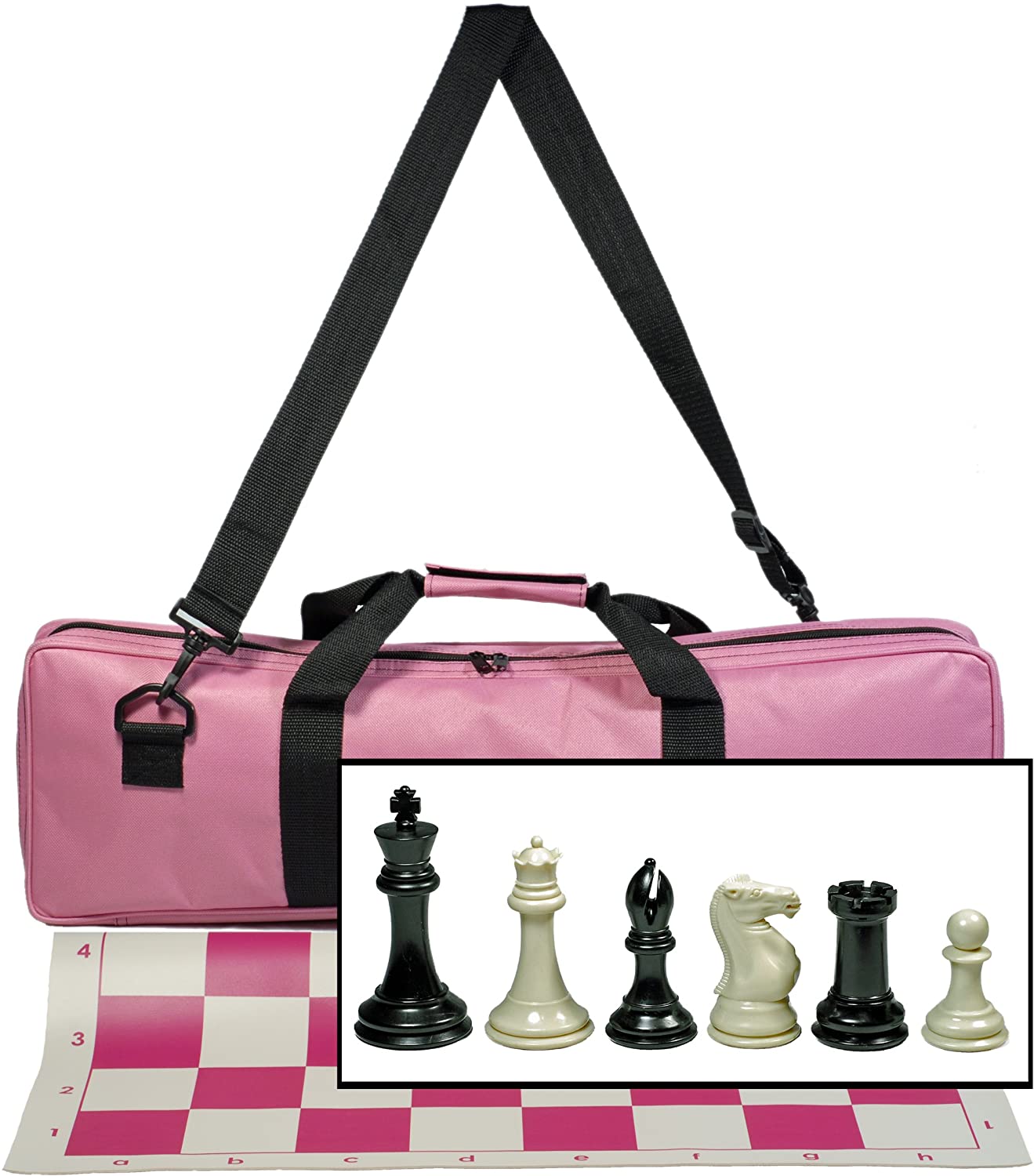 Complete Tournament Chess Set, Triple Weighted Chess Pieces with Pink Roll-up Chess Board and Pink Travel Canvas Bag.