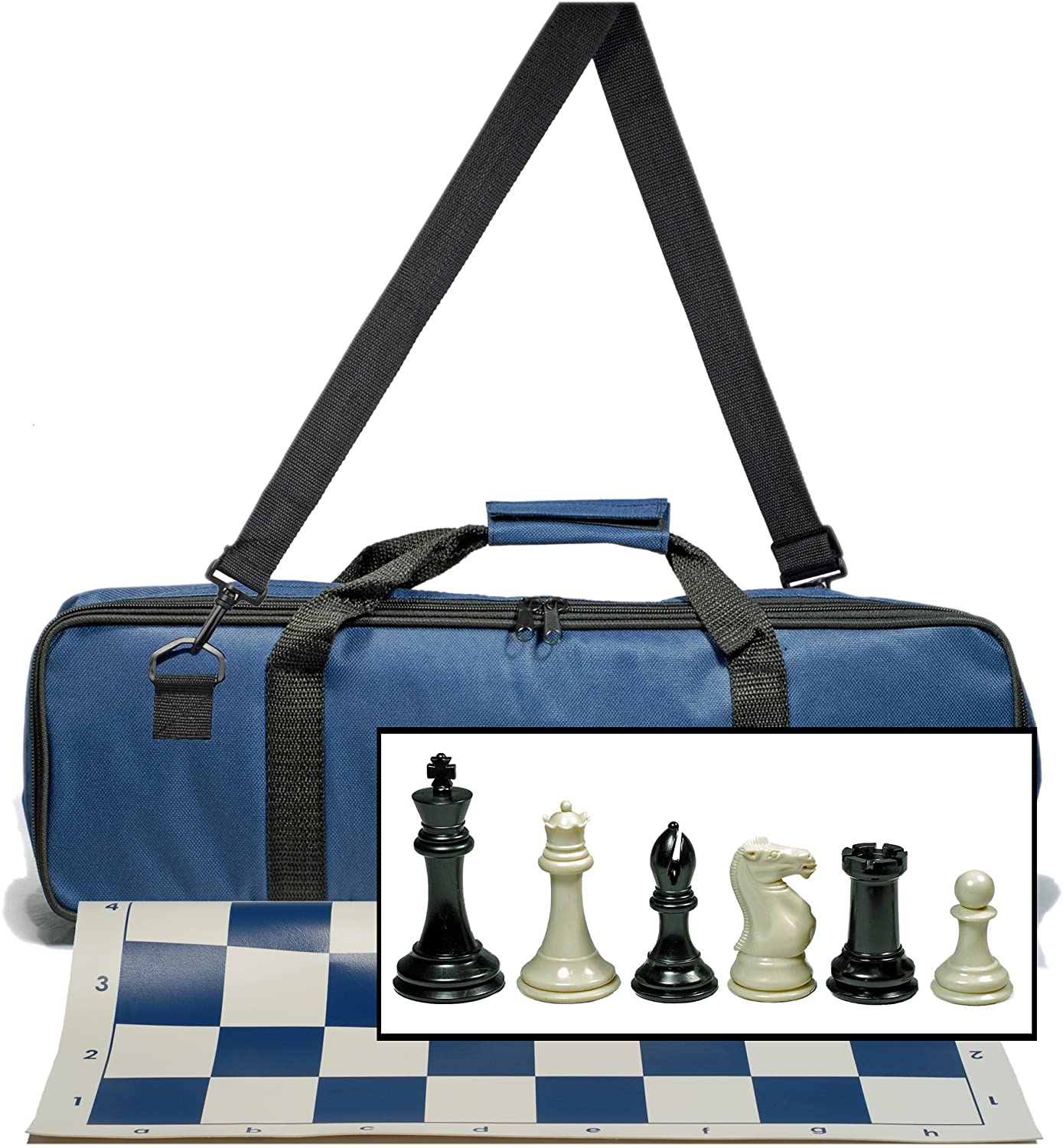 Complete Tournament Chess Set, Triple Weighted Chess Pieces with Blue Roll-up Chess Board and Blue Travel Canvas Bag.