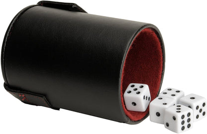 Black dice cup with 5 dice laid down. Dice cup with red interior.