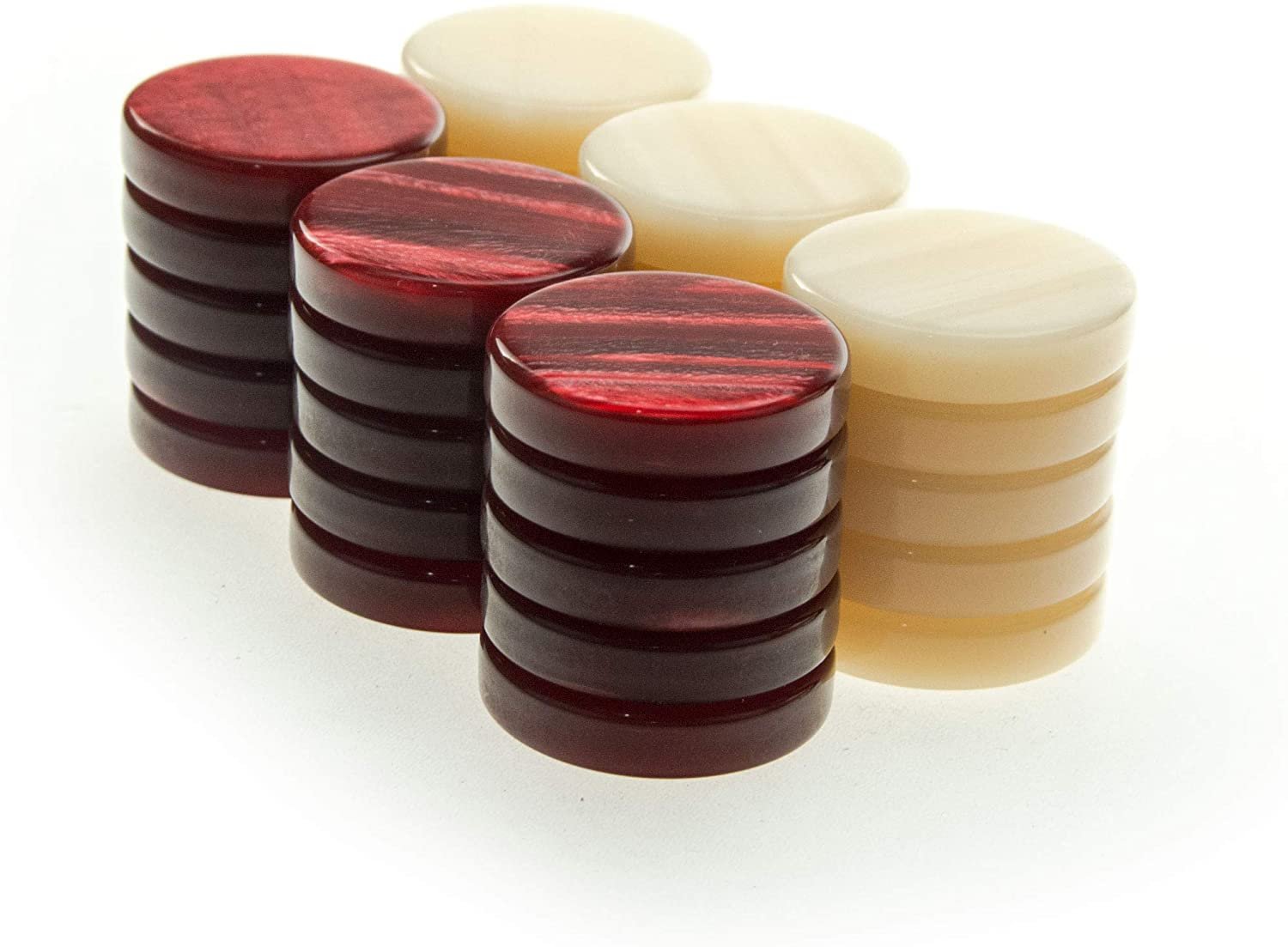 Mother of Pearl Acrylic Backgammon Checkers/Chips in Red & Cream – 1 inch Diameter.