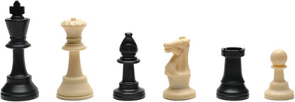 6 black and white chess pieces.