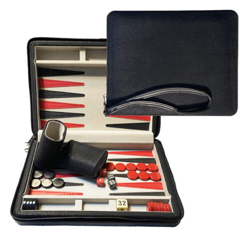 Compact Travel Magnetic Backgammon with Carrying Strap Black with Grey Stripe 